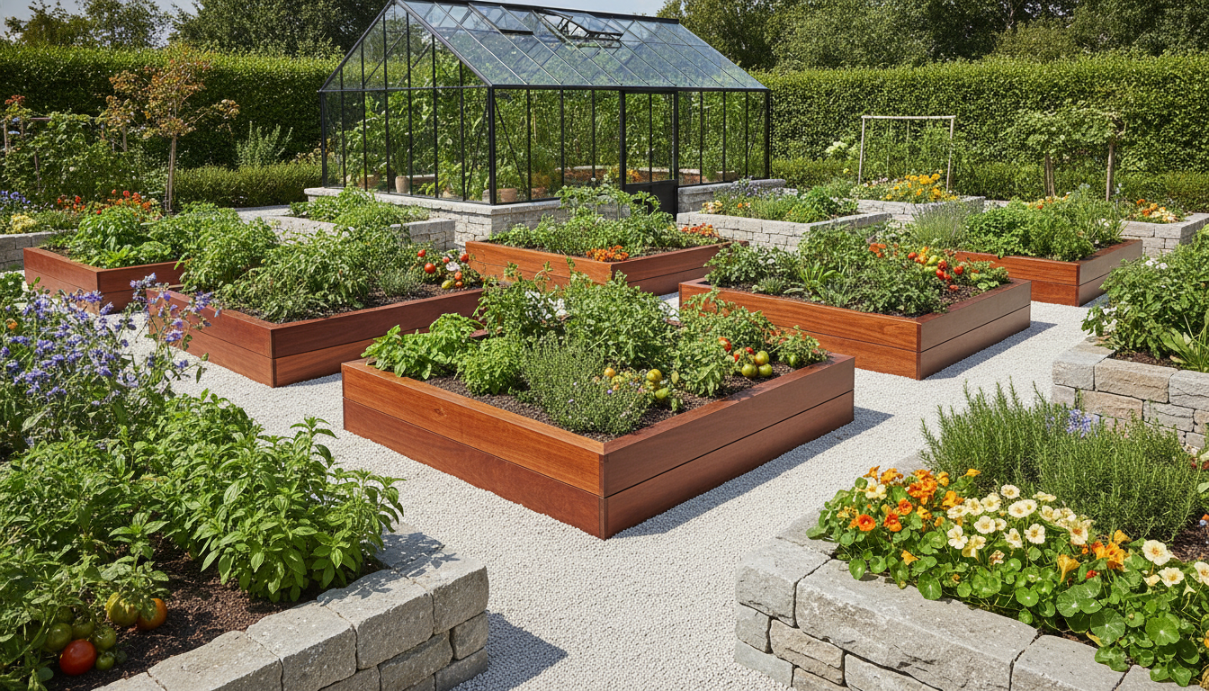 An upscale, geometric organic vegetable garden in a luxury estate. Elevated planter beds made of fine wood and natural stone, clean gravel paths, and a stylish glass greenhouse in the background. Abundant heirloom tomatoes, herbs, and edible flowers neatly arranged. Bright, sunny daytime lighting, quiet luxury lifestyle.