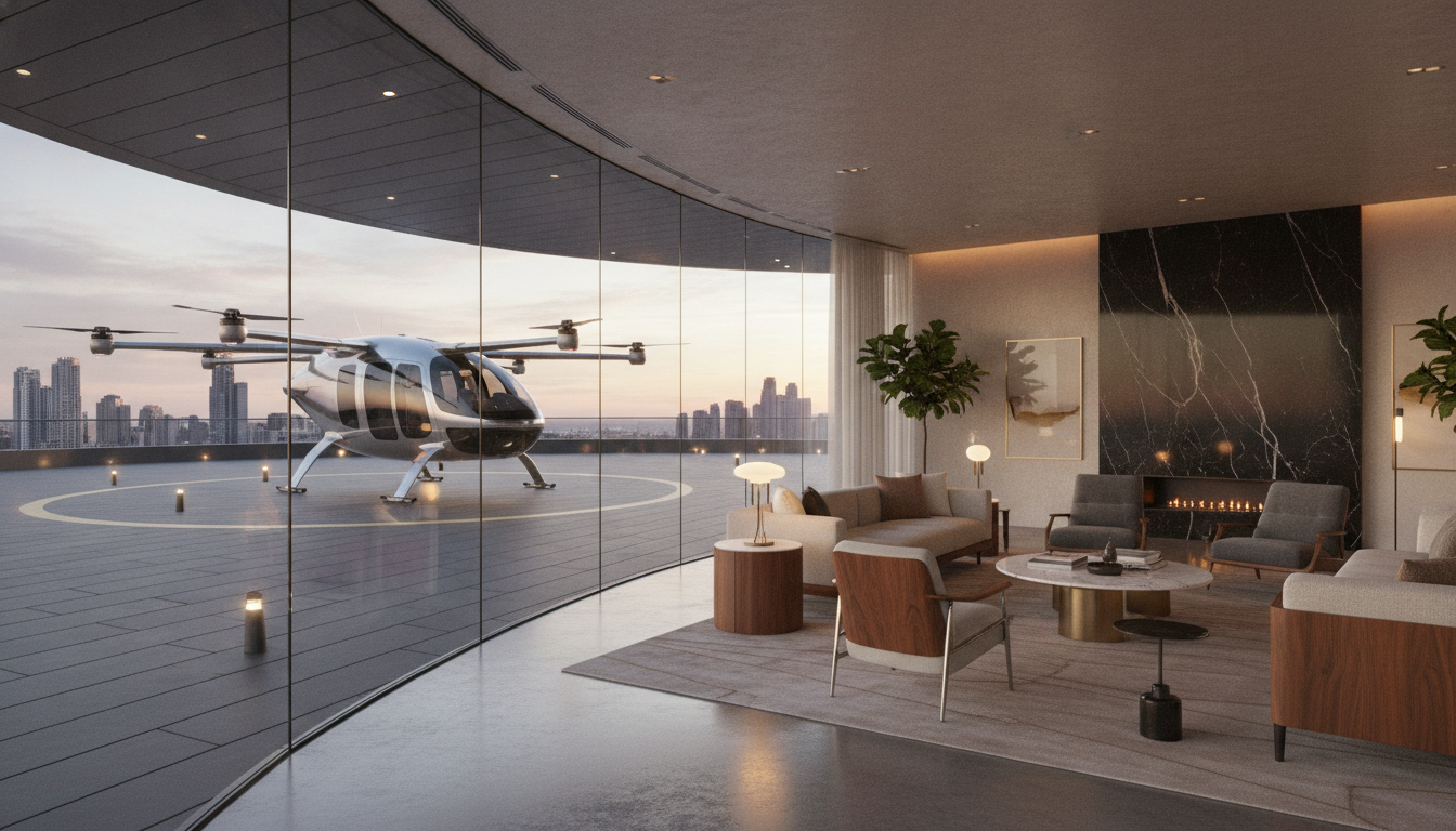 Interior view of a high-end luxury residential lounge adjacent to a rooftop heliport. Through the floor-to-ceiling glass windows, a modern eVTOL passenger drone is visible, ready for boarding. The lounge features sophisticated mid-century modern furniture, warm lighting, marble details, and a professional, calm atmosphere.