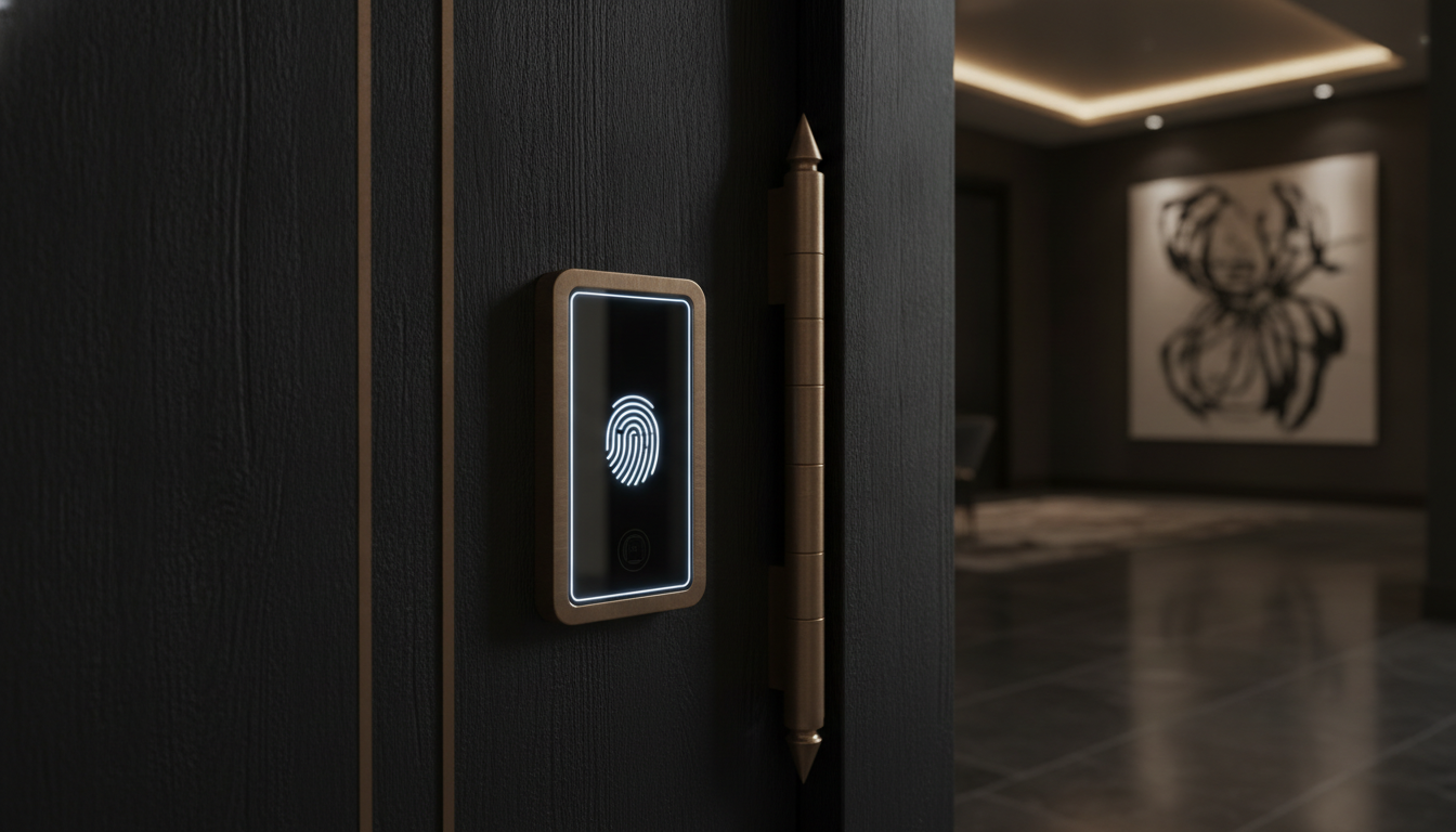 Close-up of an elegant biometric fingerprint scanner on a massive dark wood and bronze pivot door of a luxury mansion, cinematic lighting, sophisticated atmosphere.