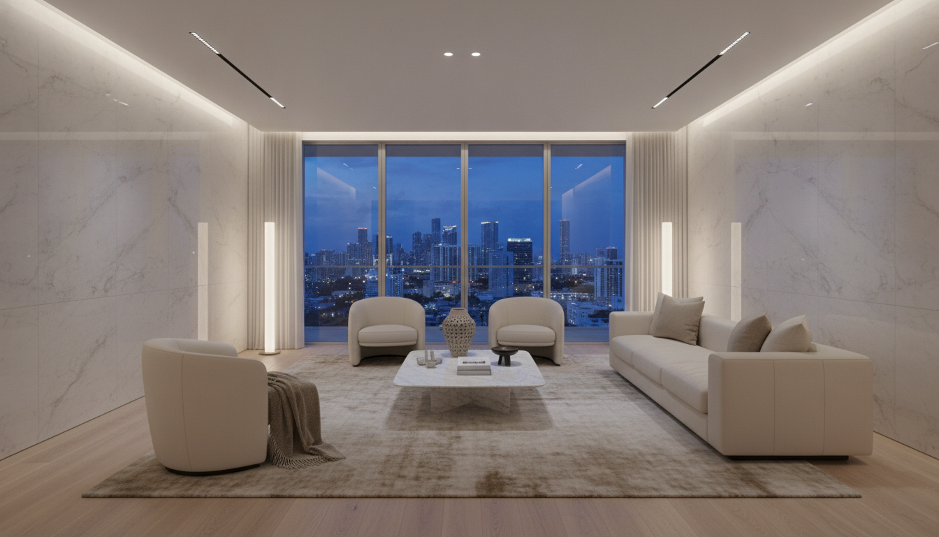 An elegant living room of a branded residence designed by a luxury fashion house, minimalist quiet luxury aesthetic, floor-to-ceiling windows with a view of Miami skyline, high-end materials like marble and soft leather, warm lighting, interior design photography
