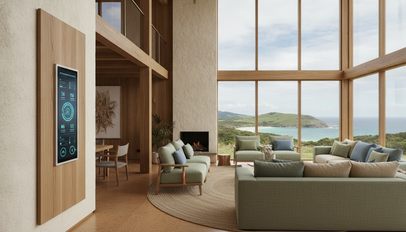 Interior of a modern high-end living room with biodegradable and local materials, smart home energy monitoring screen integrated elegantly into a wooden wall, large floor-to-ceiling windows showing a pristine coastal landscape.