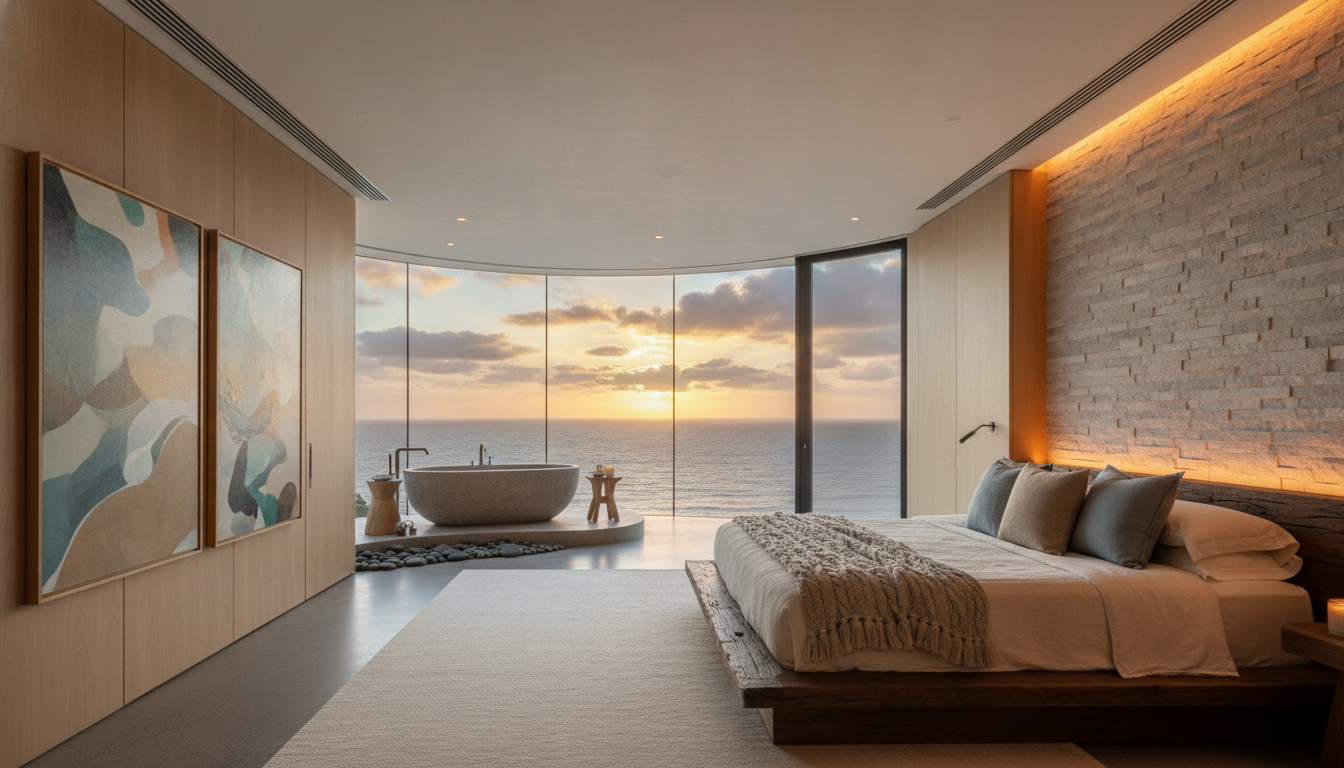 An ultra-luxury master bedroom featuring circadian rhythm lighting, natural wood and stone textures, large panoramic windows overlooking the ocean at sunset, clean air filtration vents subtly integrated, peaceful and calming wellness atmosphere, interior design photography.