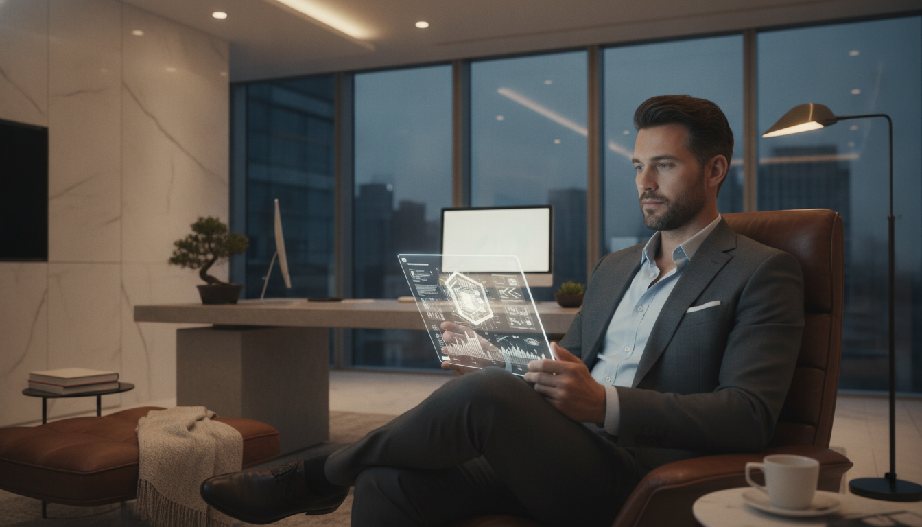 A sophisticated investor looking at a high-tech tablet displaying digital real estate assets, clean luxury interior, minimalist office, soft warm lighting, professional atmosphere.