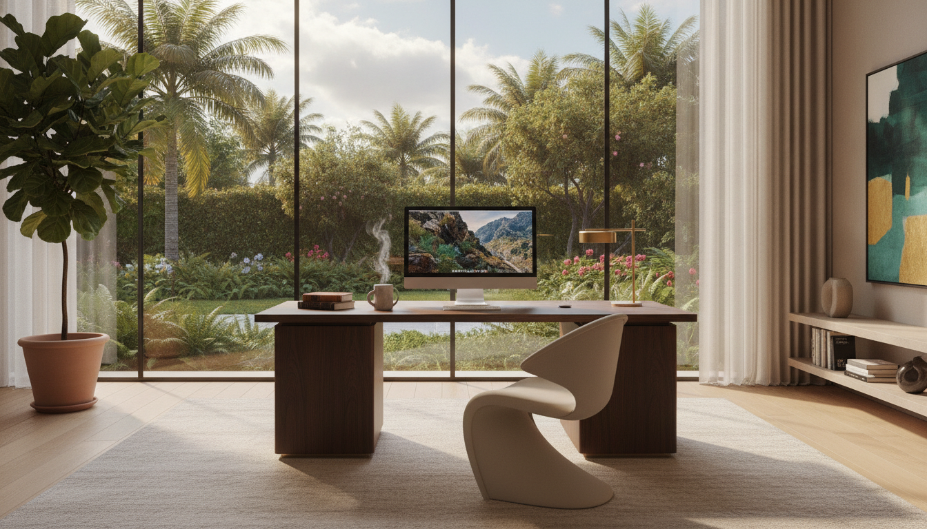 An elegant workspace inside a luxury residence, large floor-to-ceiling windows showing a lush tropical garden, high-end wooden desk, ergonomic designer chair, soft warm natural lighting, editorial style.