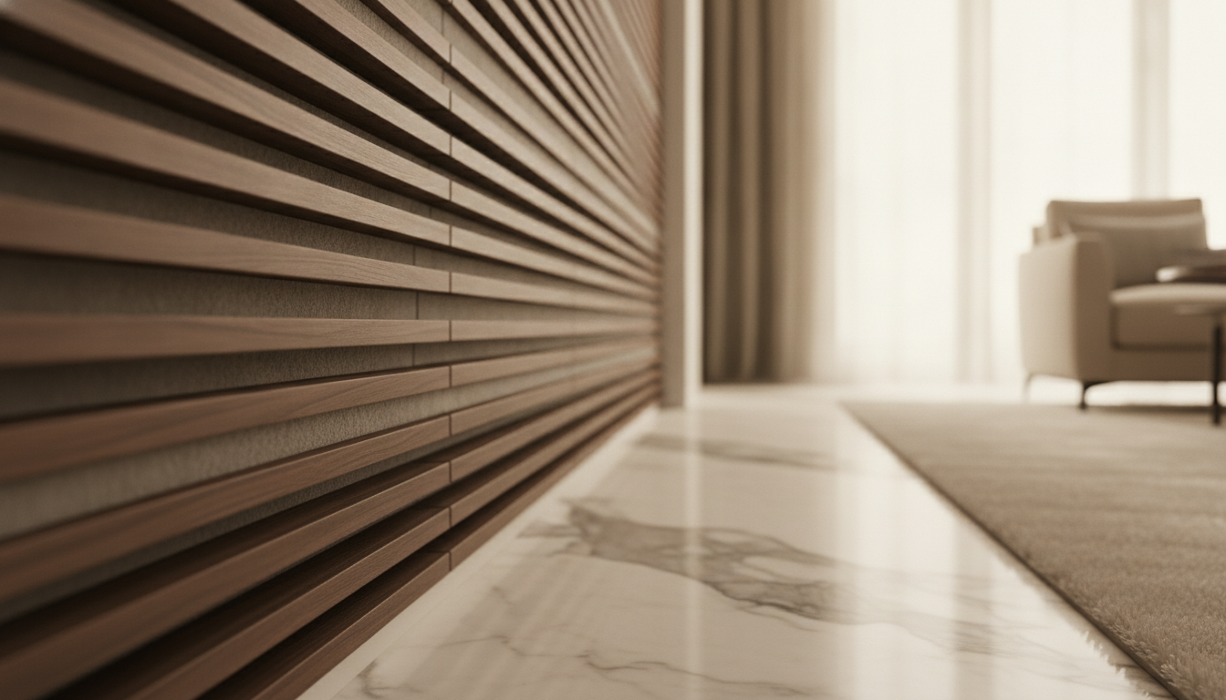 Close-up of high-end acoustic design materials inside a luxury penthouse, architectural detail of sound-absorbing wood slats, elegant marble floor, soft natural light, warm atmosphere, high-end interior photography