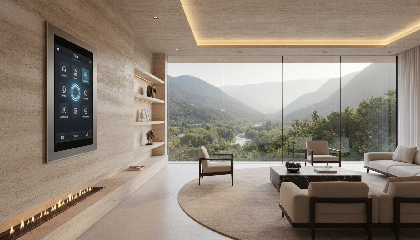 A sleek interior of a high-end luxury smart home showing an elegant, integrated control touch screen on a travertine stone wall, with views of a natural private valley through giant windows, minimalist luxury decor, warm lighting, architectural digest photography.
