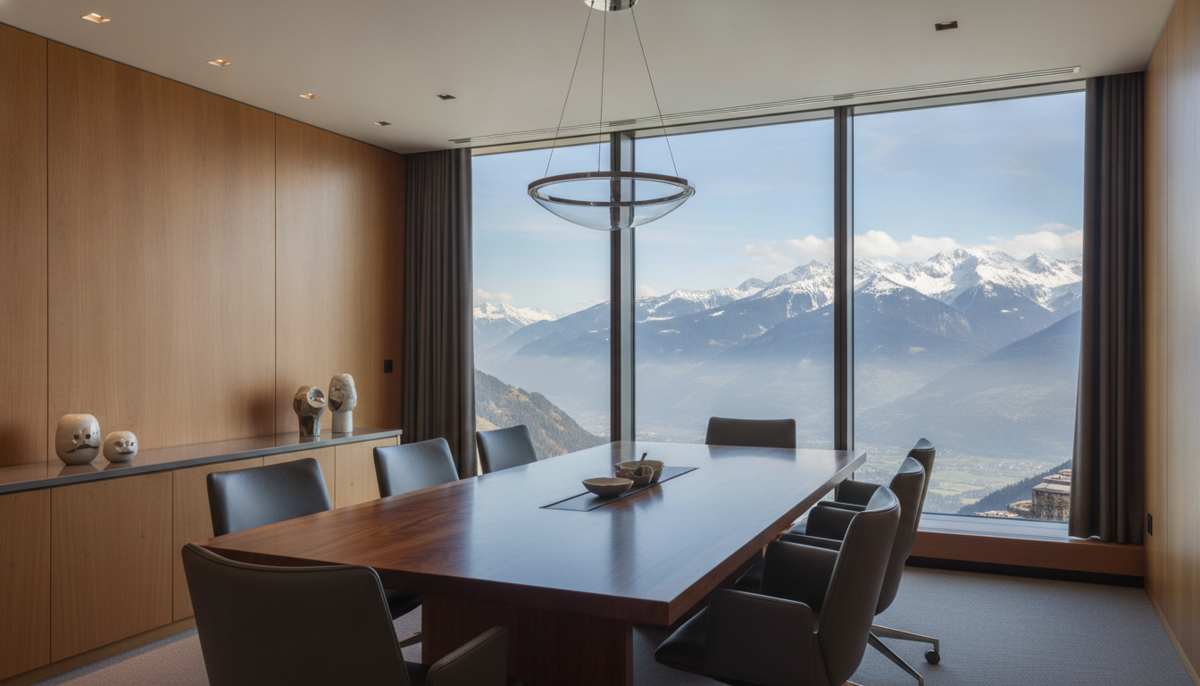 An elegant meeting room inside a private wealth management office, warm wooden accents, minimal design, large panoramic window overlooking the Swiss Alps, professional and sophisticated atmosphere