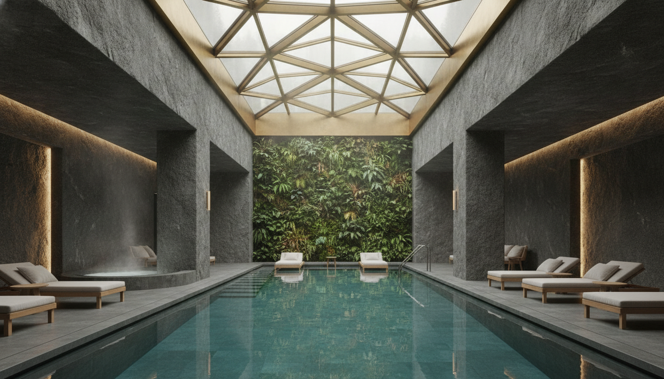 An ultra-luxury underground private wellness spa with a large indoor pool, natural stone walls, a vertical garden, and a geometric skylight letting natural light filter in, quiet luxury aesthetic.