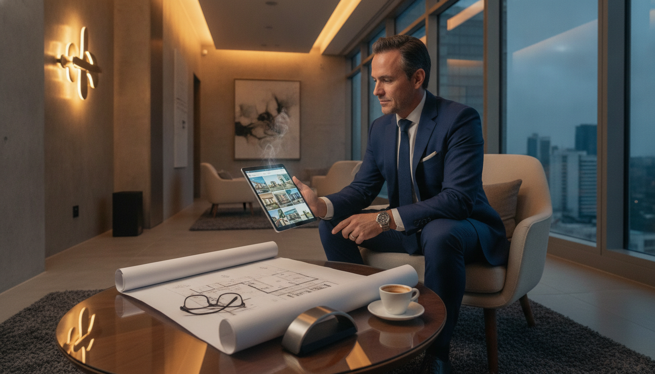 A sophisticated Latin American investor reviewing architectural blueprints and digital real estate portfolios on a sleek tablet in a luxurious private lounge, warm ambient lighting, minimalist design, professional atmosphere.