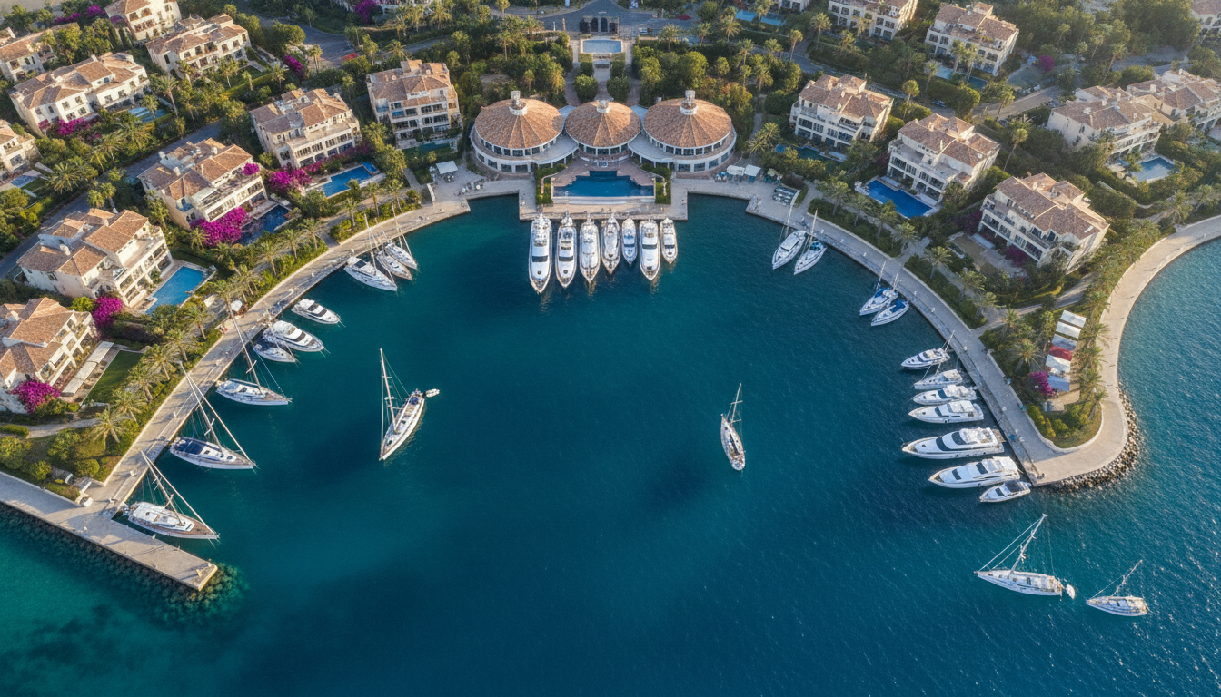 An aerial view of a prestigious Mediterranean yacht club and marina surrounded by luxury residential buildings, crystal clear turquoise water, yachts docked, professional architectural photography