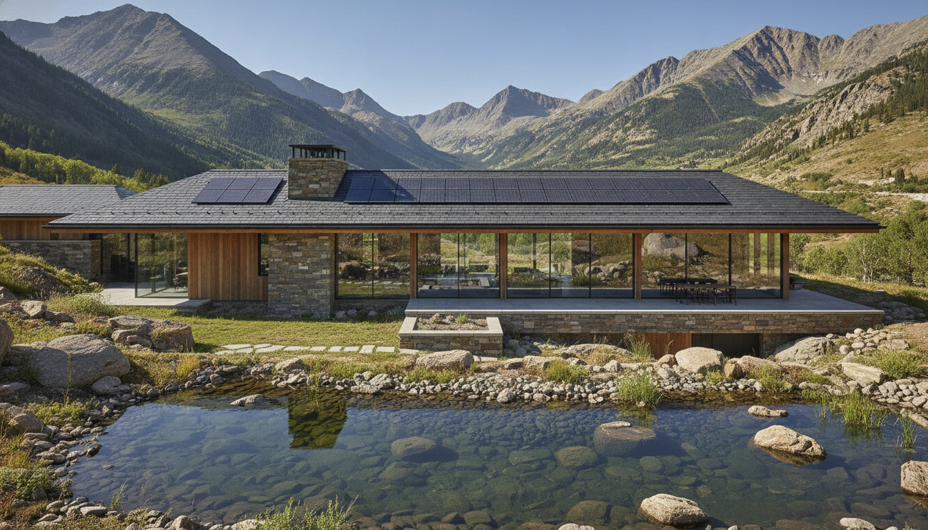 A state-of-the-art resilient mountain residence in the Rocky Mountains during a clear summer day, showing integrated solar panels on a sleek slate roof, a natural water pond in the foreground, modern eco-luxury design, architectural digest style, high-end real estate render.