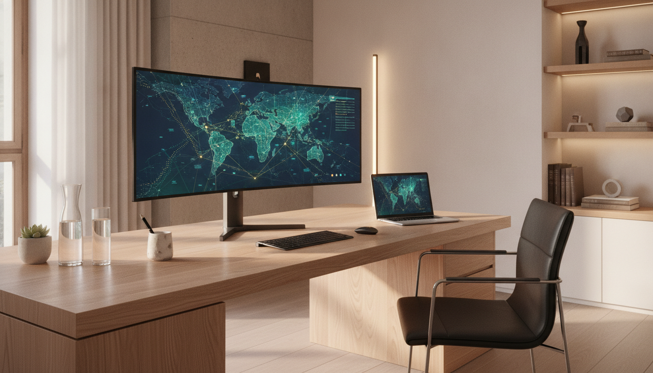 An elegant, minimalist home office of a high-net-worth investor, showing a large screen displaying abstract real estate data visualization maps, quiet luxury aesthetic, soft natural lighting.