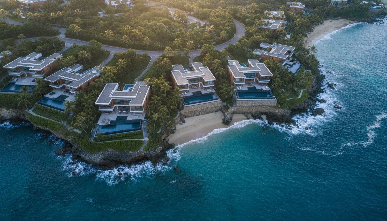 An aerial view of an exclusive coastal residential community with modern architecture, private infinity pools, integrated into nature, cinematic lighting, luxury living.