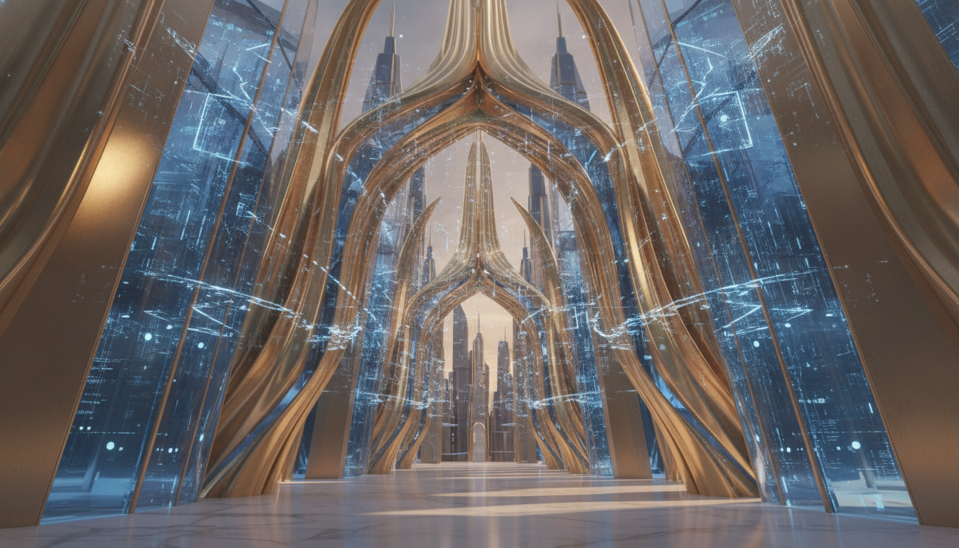 A futuristic abstract representation of digital tokens merging with physical luxury architecture, gold and blue accents, elegant design, 3D render, high conceptual art.