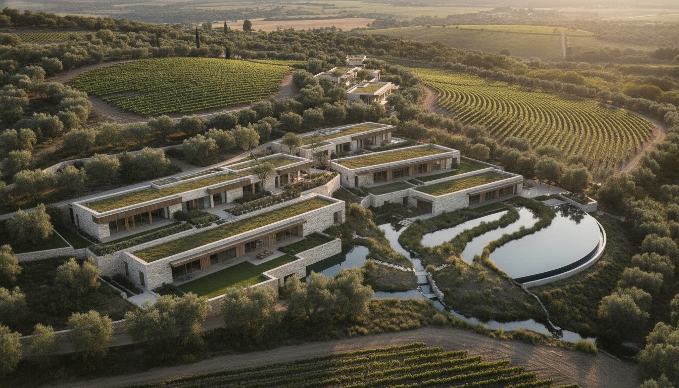 An aerial view of an ultra-luxury residential estate featuring integrated olive groves and a private vineyard. The architecture is a blend of contemporary design and natural materials like stone and wood. Perfect integration with the natural landscape, showing sustainable water management systems.