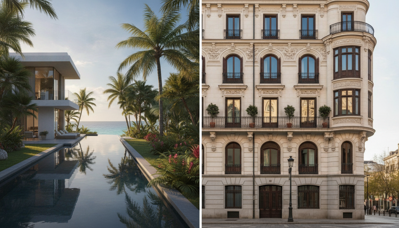 A split-screen concept or side-by-side visual of a luxury villa in Riviera Maya with tropical lush greenery next to a classic historic luxury apartment facade in Madrid, showcasing global real estate portfolio diversification, clean and elegant editorial style.