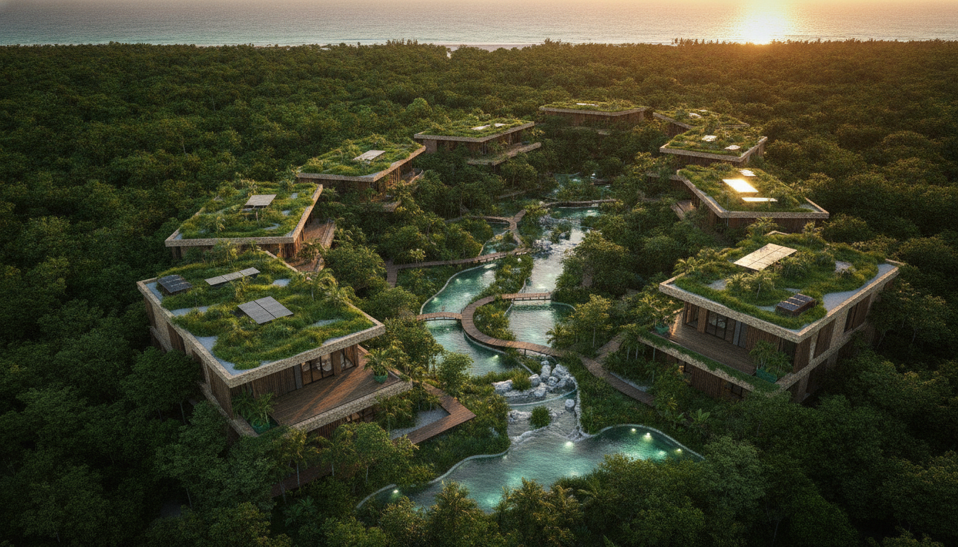 An aerial view of an eco-luxury residential community in Riviera Maya, harmoniously blended with the jungle canopy, featuring regenerative water filtration systems and green roofs, photorealistic, sunset lighting.