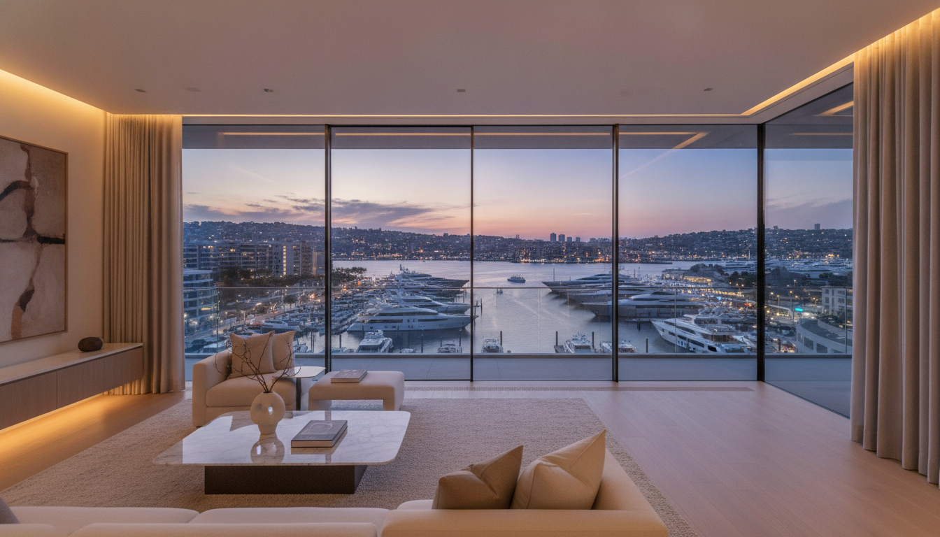 Interior of a luxury penthouse overlooking a marina with superyachts, floor-to-ceiling windows, elegant quiet luxury interior design, dusk lighting, cinematic composition