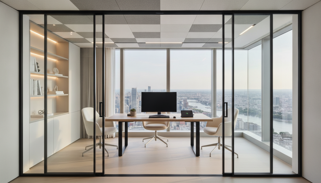 A modern home office in a high-rise luxury apartment, soundproofed glass doors, sleek design, acoustic ceiling paneling, panoramic city view outside, calm and peaceful atmosphere inside, professional photography