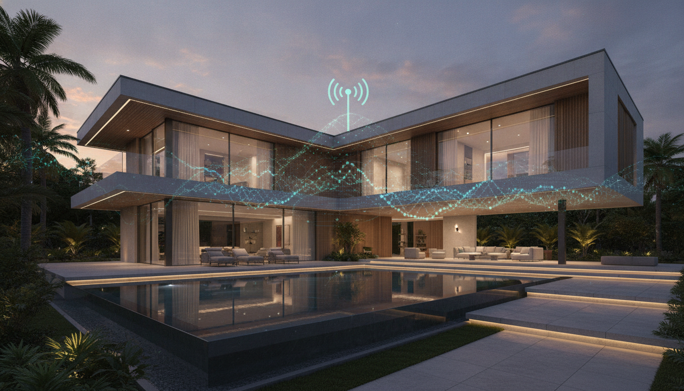 An architectural rendering of a high-end luxury villa at dusk, with subtle digital overlay graphics showing secure network signals, elegant and ultra-modern.