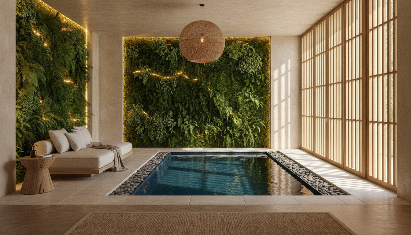 A state-of-the-art home wellness sanctuary with a private plunge pool, biophilic vertical garden wall, soft ambient lighting, natural materials, high-end real estate property interior, architectural digest style, 8k.