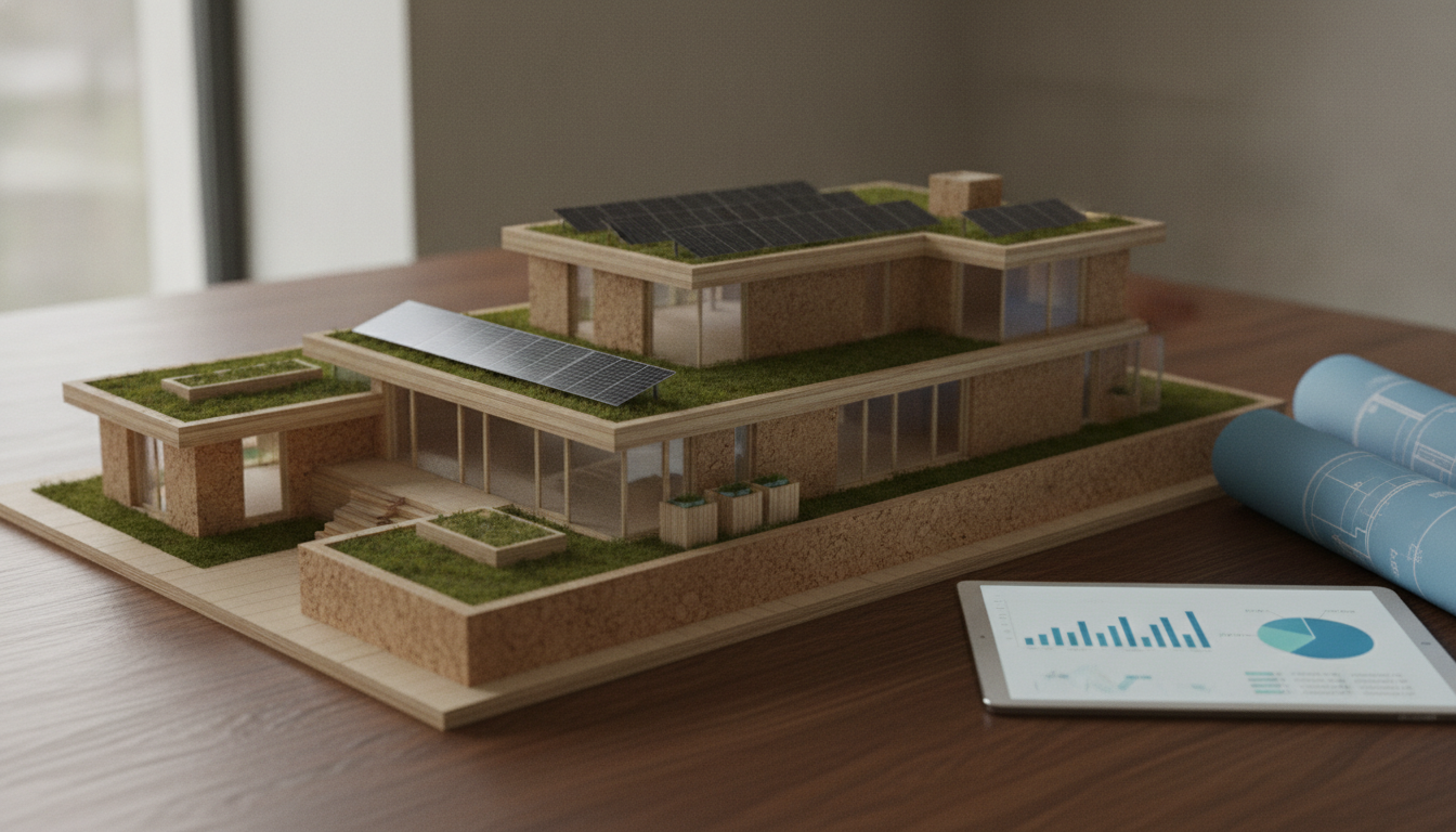 A close-up of a high-end physical architectural model of a sustainable luxury villa on a wooden table, with blueprints and a tablet showing financial charts next to it, soft natural light