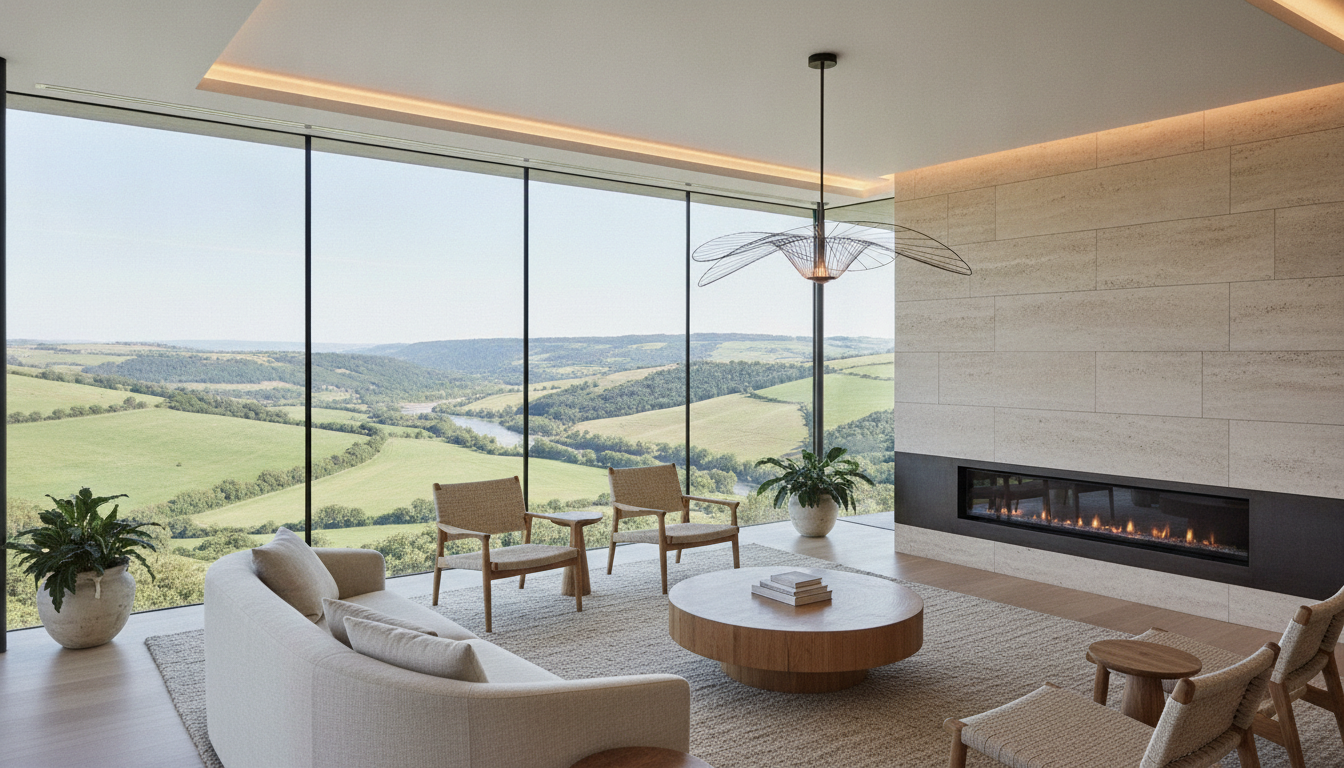Interior of a high-end sustainable living room with panoramic views of a lush valley, featuring minimalist organic furniture, natural materials like oak and linen, a sleek fireplace, sophisticated lighting, representing modern climate-resilient luxury living.