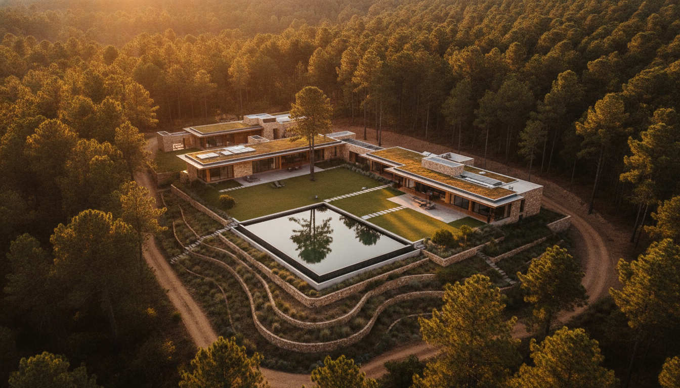 Aerial view of a sustainable luxury estate in Valle de Bravo, Mexico, surrounded by dense pine trees, featuring a modern rainwater harvesting pond integrated into the landscape, sleek sustainable architecture, golden hour light.