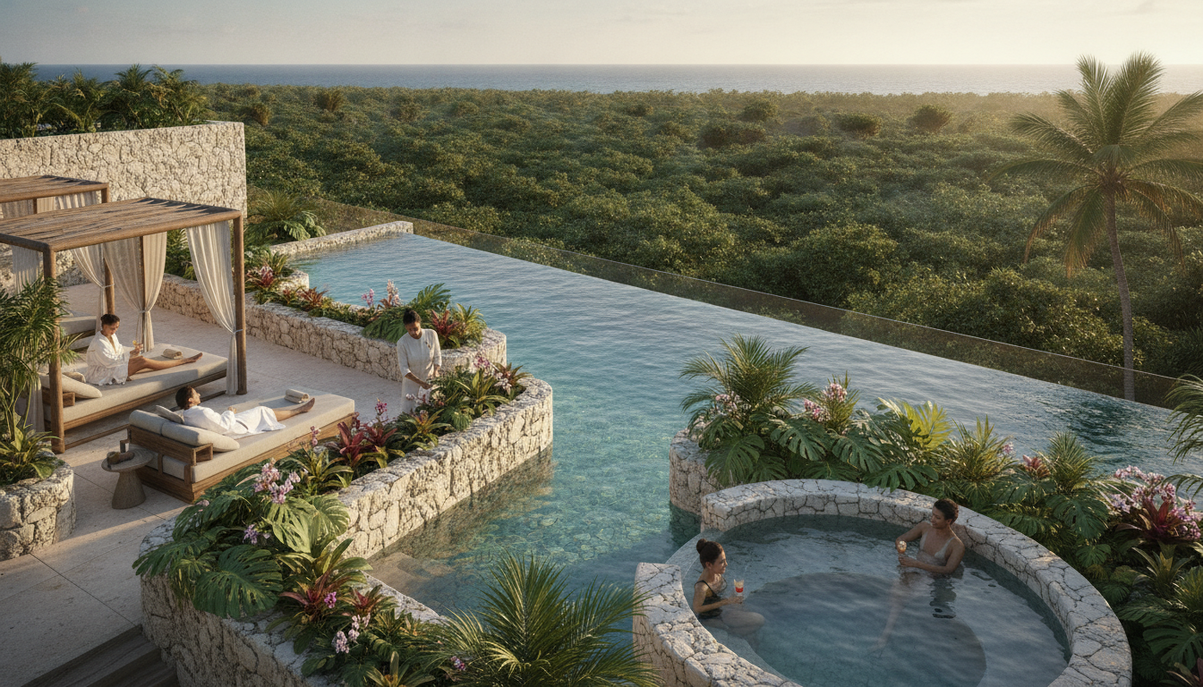 An exclusive wellness spa and rooftop pool area of a five-star branded residential development in Riviera Maya, lush tropical vegetation, natural stone elements, sophisticated clients relaxing, soft natural light, cinematic composition