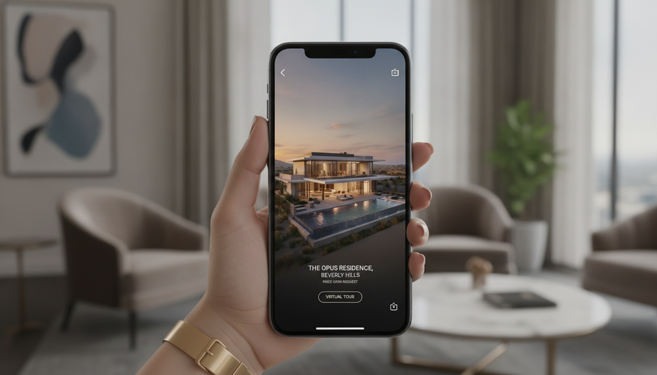 A close-up of a premium smartphone displaying an exclusive luxury real estate app interface with a property 3D render, held by a sophisticated hand, with a blurred upscale modern lounge in the background.