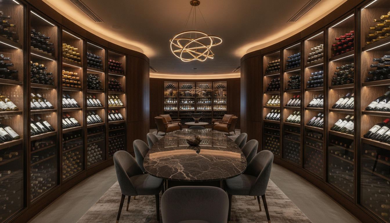 A contemporary underground wine cellar and private tasting lounge with floor-to-ceiling glass display cases, dark wood accents, and custom ambient lighting, luxurious and elegant.