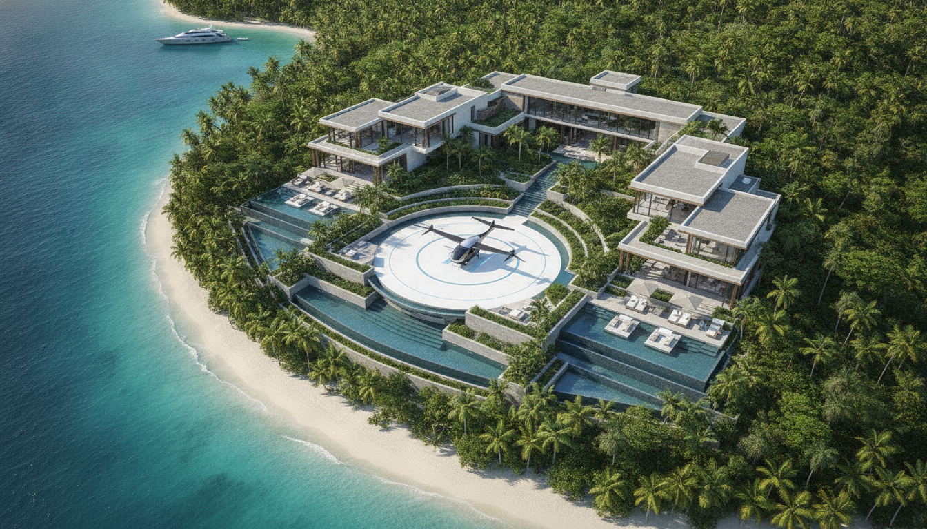 An aerial view of an exclusive private villa estate in a lush, coastal tropical setting. The estate features a seamlessly integrated, futuristic landing pad for personal electric aircraft. A sleek eVTOL is parked on the pad, surrounded by elegant architecture and manicured gardens, daylight, architectural digest style.