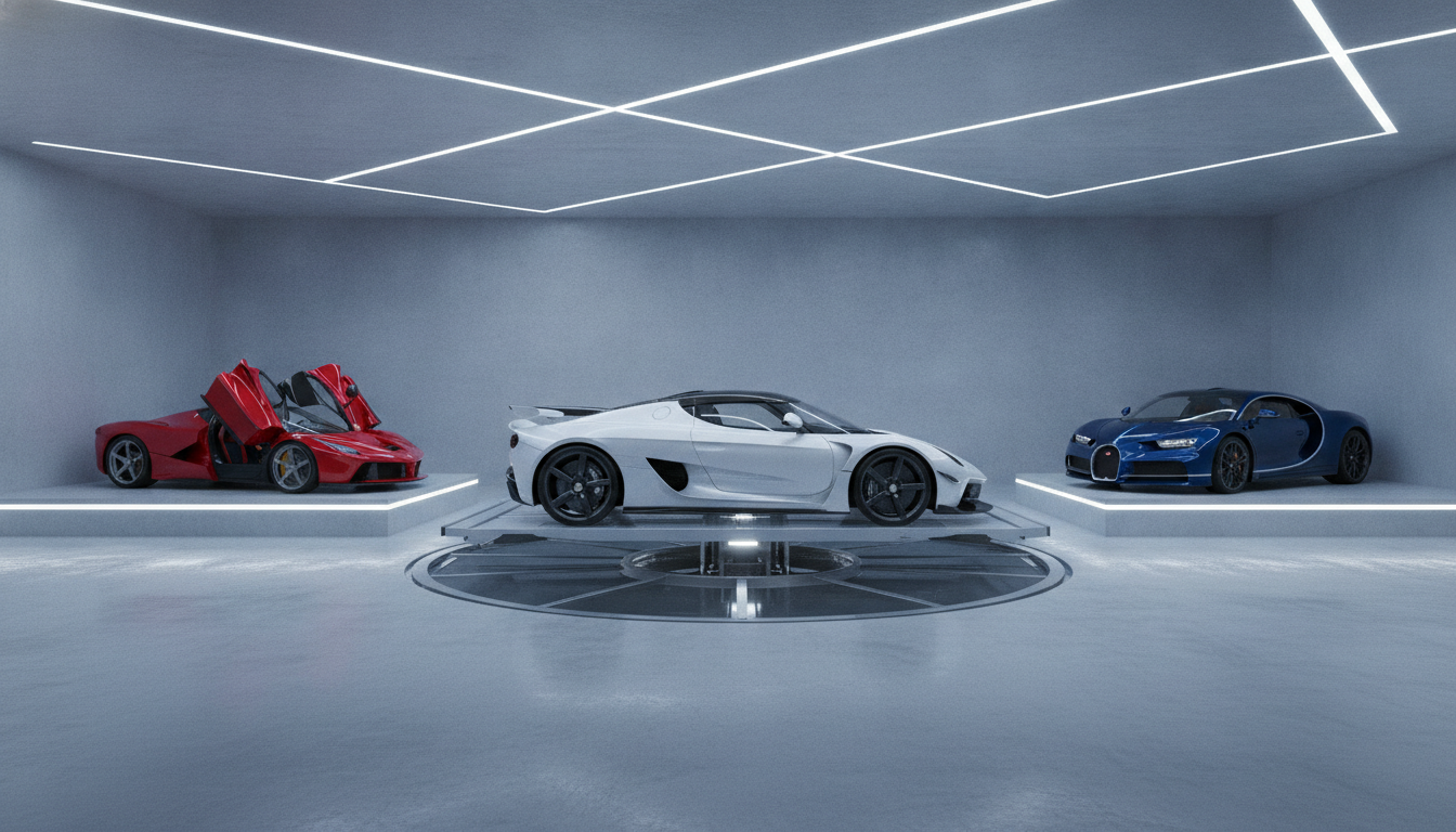 An underground luxury car gallery with a hydraulic car lift system, modern geometric LED lighting on the ceiling, displaying three multi-million dollar hypercars. Sleek, clean, futuristic design.