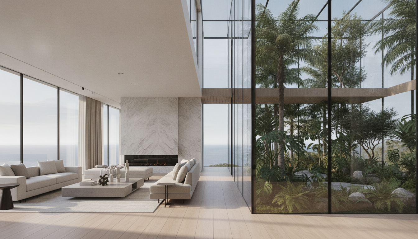 Interior of a modern luxury villa showing a seamless transition between a high-end living room and a central glass atrium filled with elegant greenery, soft natural morning light, clean lines, quiet luxury aesthetic, architectural digest style.