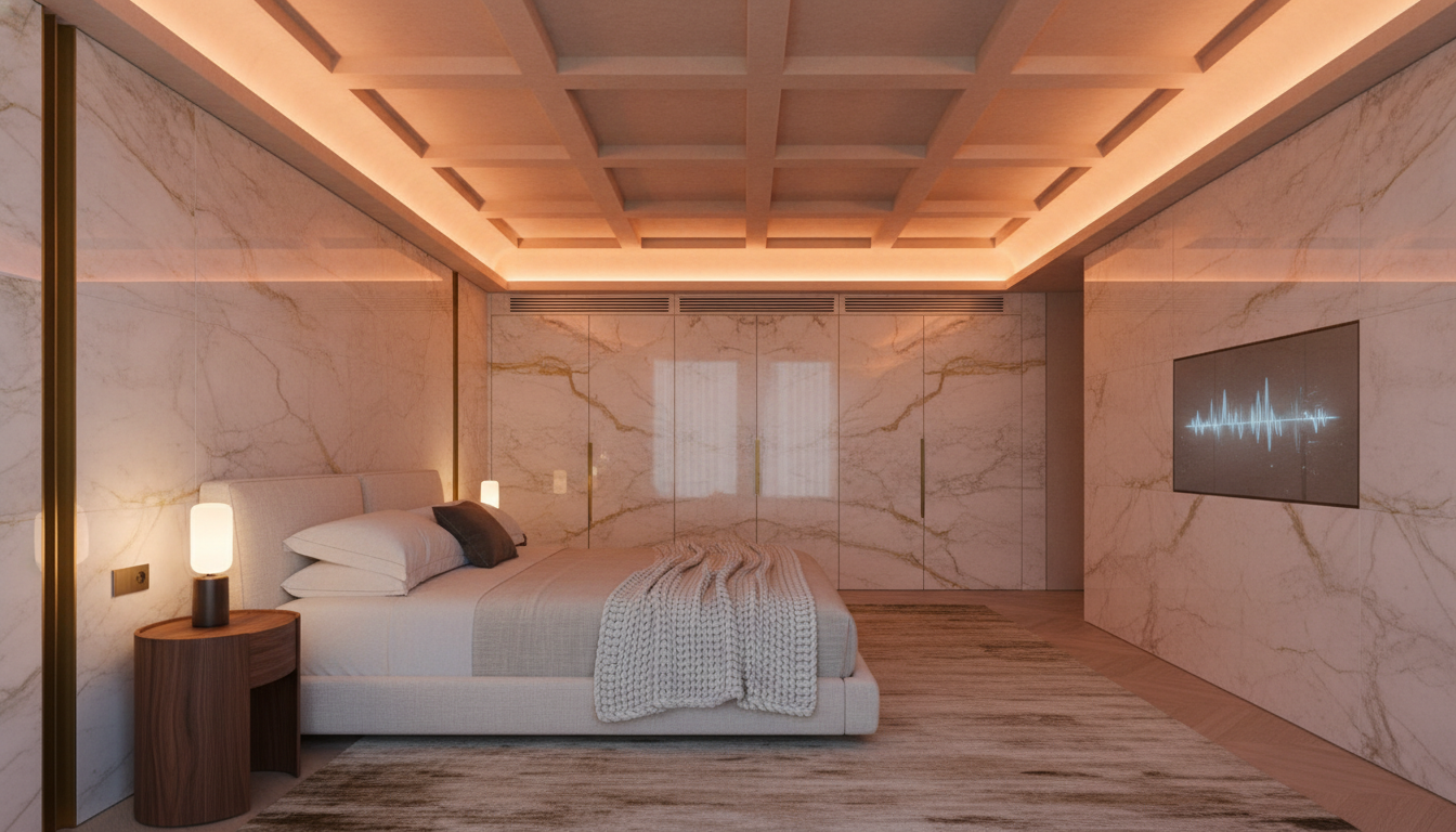 A sophisticated master bedroom with integrated longevity technology. The ceiling features subtle, warm circadian lighting glowing softly. Minimalist design with organic textures, Italian marble, and clean air filtration vents seamlessly concealed within the architectural lines. Architectural Digest style, photorealistic, 8k.
