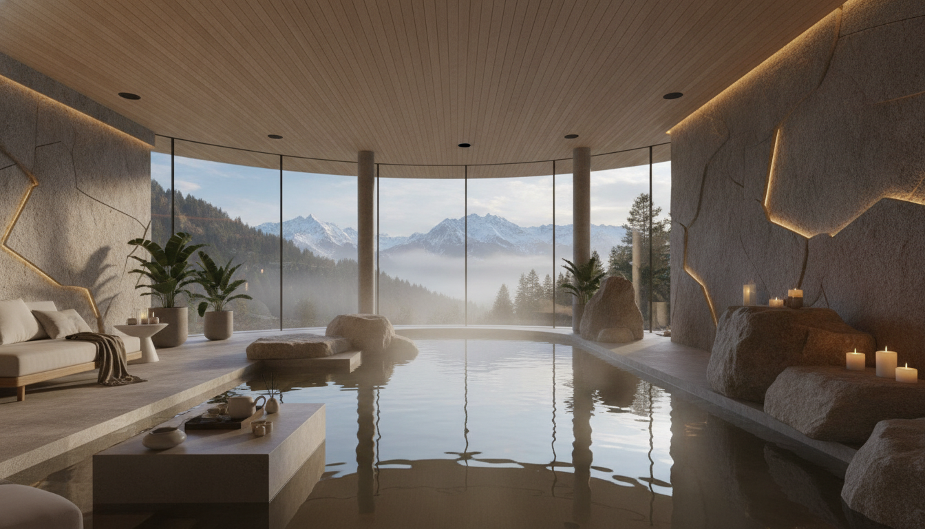 A sophisticated home spa sanctuary featuring a modern geothermal plunge pool, natural stone walls, cedar wood ceilings, and large floor-to-ceiling windows showing a mountain landscape, high-end interior design, cinematic lighting.