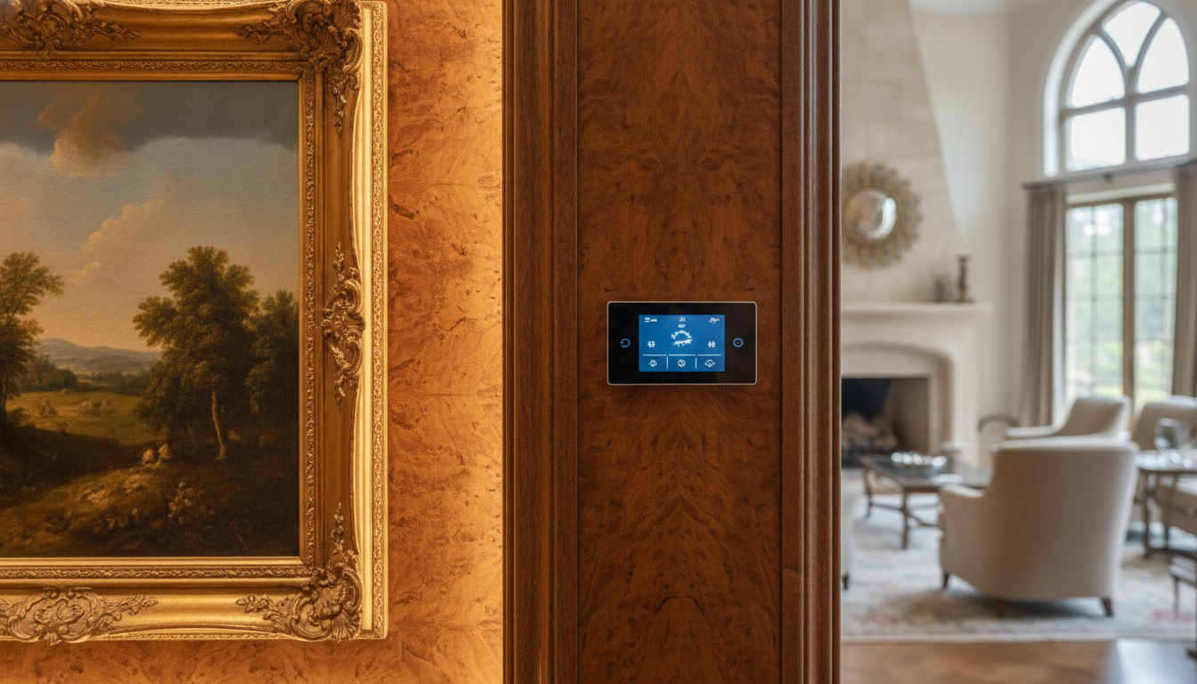 Close-up of a high-tech climate control panel integrated seamlessly into a wood-paneled wall next to a valuable classic painting, subtle warm lighting, interior design of a luxury estate, soft focus on the background, professional photography.