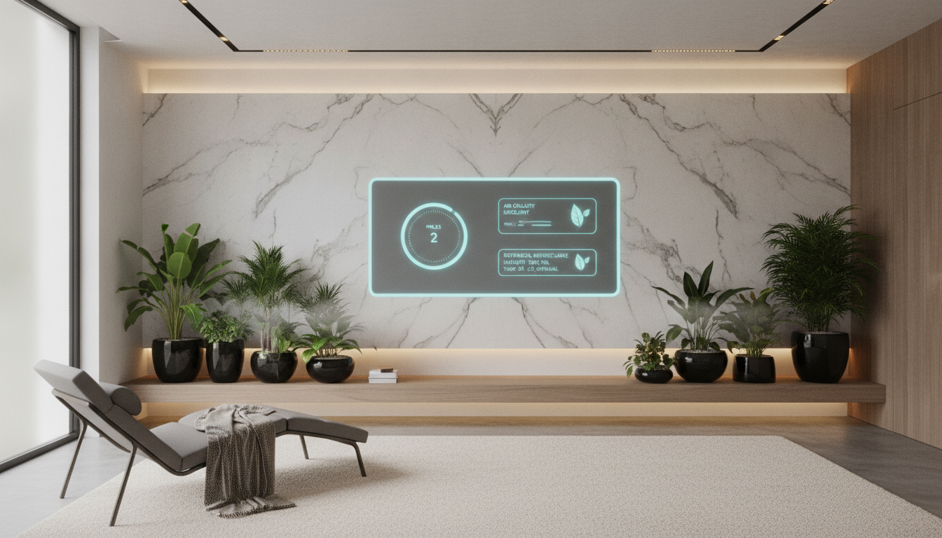 A high-tech home wellness sanctuary with an integrated bio-climatic control panel on a book-matched marble wall, displaying air quality metrics and botanical microclimate settings, sleek quiet luxury design