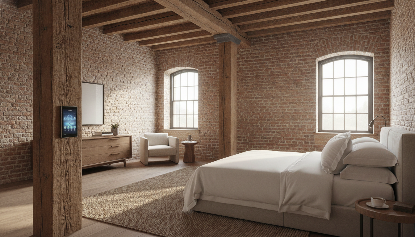 A master bedroom in a restored historic building, featuring exposed original brick walls, massive rustic wooden beams, a sleek modern king-sized bed with white linen, smart home control panel subtly integrated into a wooden column, soft morning light, cozy elegant atmosphere.