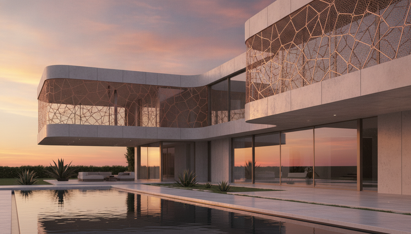 Architectural detail of a luxury villa exterior featuring high-tech shielding materials, copper mesh patterns subtly integrated into concrete, elegant and sophisticated design, sunset lighting.
