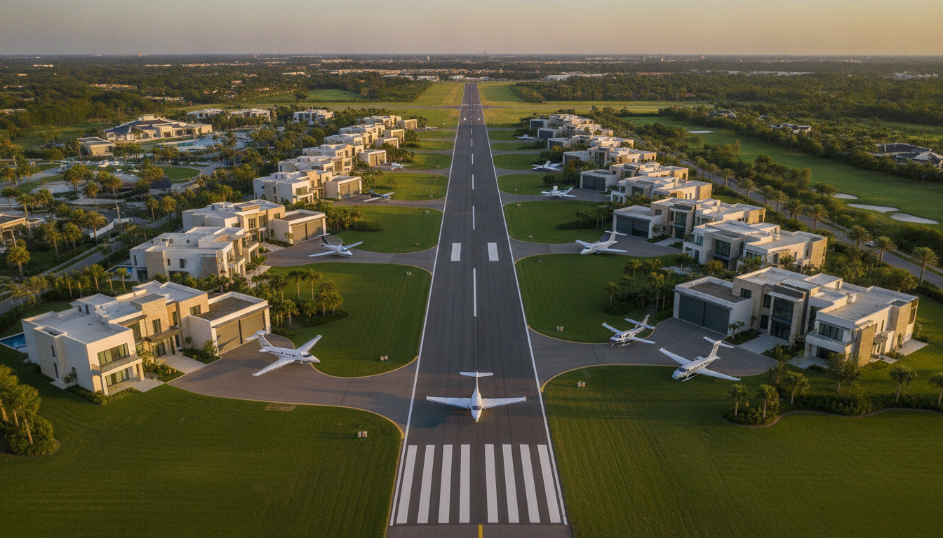 Aerial view of an exclusive luxury fly-in community (airpark) showing high-end contemporary villas, manicured lawns, and private taxiways connecting houses to a main runway. Warm golden hour light, architectural design, hyper-realistic.