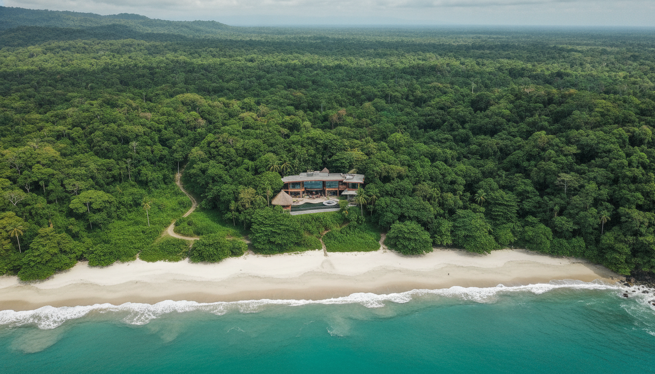 A vast aerial view of a private conservation estate in Costa Rica, showing a lush tropical rainforest meeting a secluded beach, with a single zero-impact luxury residence hidden under the canopy, ultra-high-end property photography.