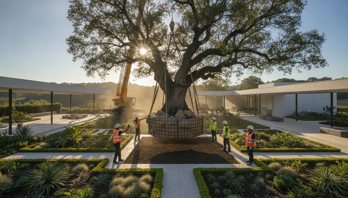Professional landscape architects carefully positioning a mature, 300-year-old oak tree using a crane into the garden of an ultra-luxury contemporary estate, beautiful sunlight filtering through leaves, architectural integration.