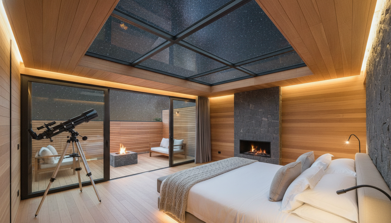 A sophisticated bedroom interior in a luxury cabin in Valle de Bravo, featuring a high-end retractable glass ceiling showing a clear starry night sky. The room is designed with natural wood and minimal dark stone, warm soft hidden lighting, and a modern professional telescope stands near a private outdoor terrace. Quiet luxury aesthetic.