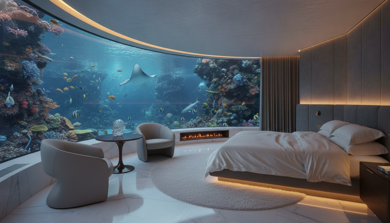 Interior of a luxury underwater bedroom inside a floating mansion, large curved glass window showing marine life and coral reef, sophisticated ambient lighting, quiet luxury interior design, photorealistic.