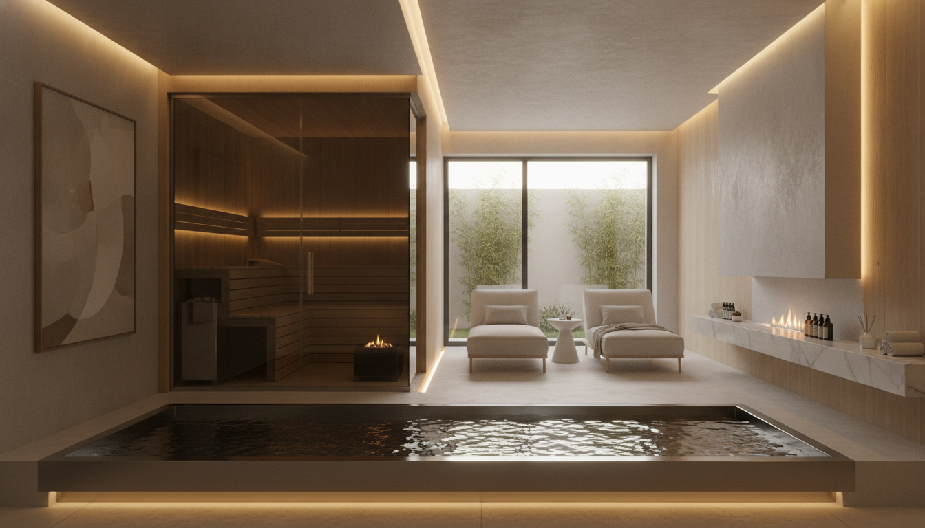 An ultra-luxury home recovery suite and private spa, featuring a sleek stainless steel cold plunge pool, a modern glass-walled sauna, and minimalist relaxation lounge chairs, warm ambient lighting, quiet luxury aesthetic.