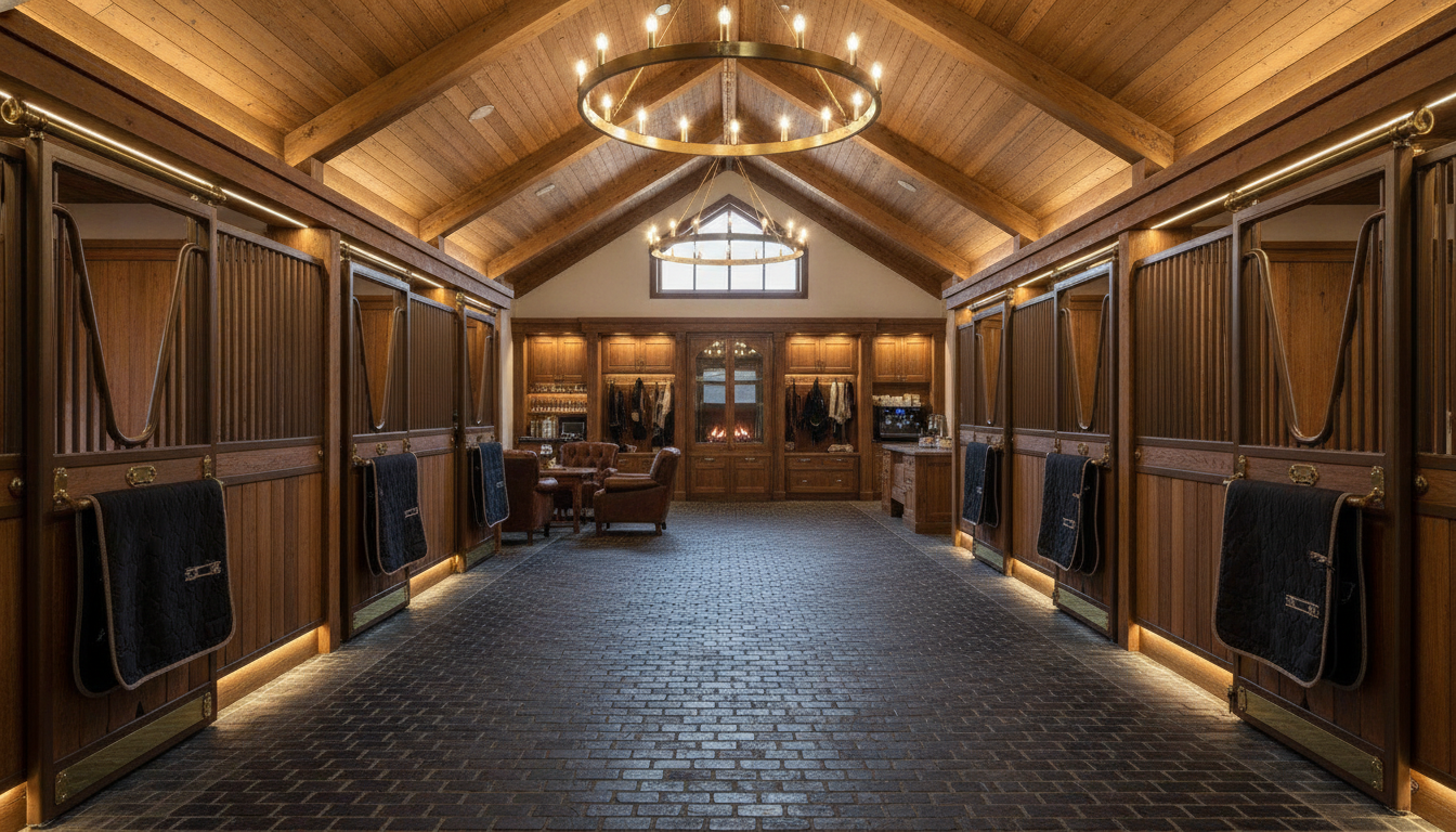 An indoor state-of-the-art equestrian stable with timber and brass details, warm sophisticated lighting, clean and elegant design, luxury real estate amenities