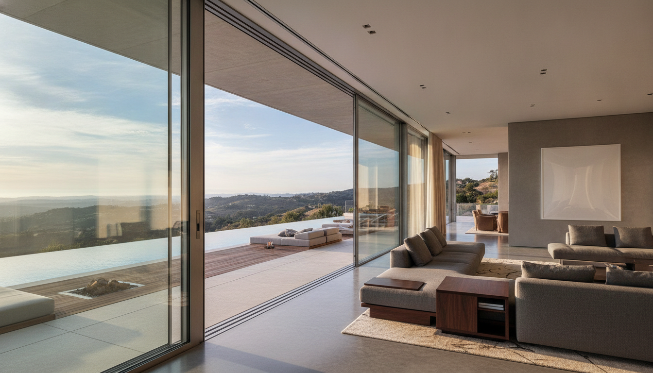 Interior of a modern luxury living room showing kinetic walls sliding smoothly to merge the indoor space with a lavish outdoor terrace and infinity pool, high-end materials, minimalist aesthetic, 8k resolution.