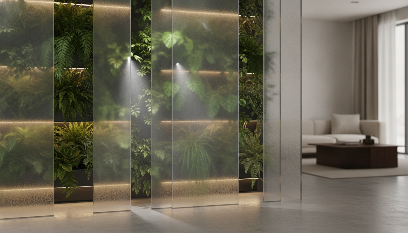A close-up of a sophisticated indoor vertical garden integrated with smart glass panels and automated misting systems in a premium residential property, high-tech meets nature, soft cinematic lighting.
