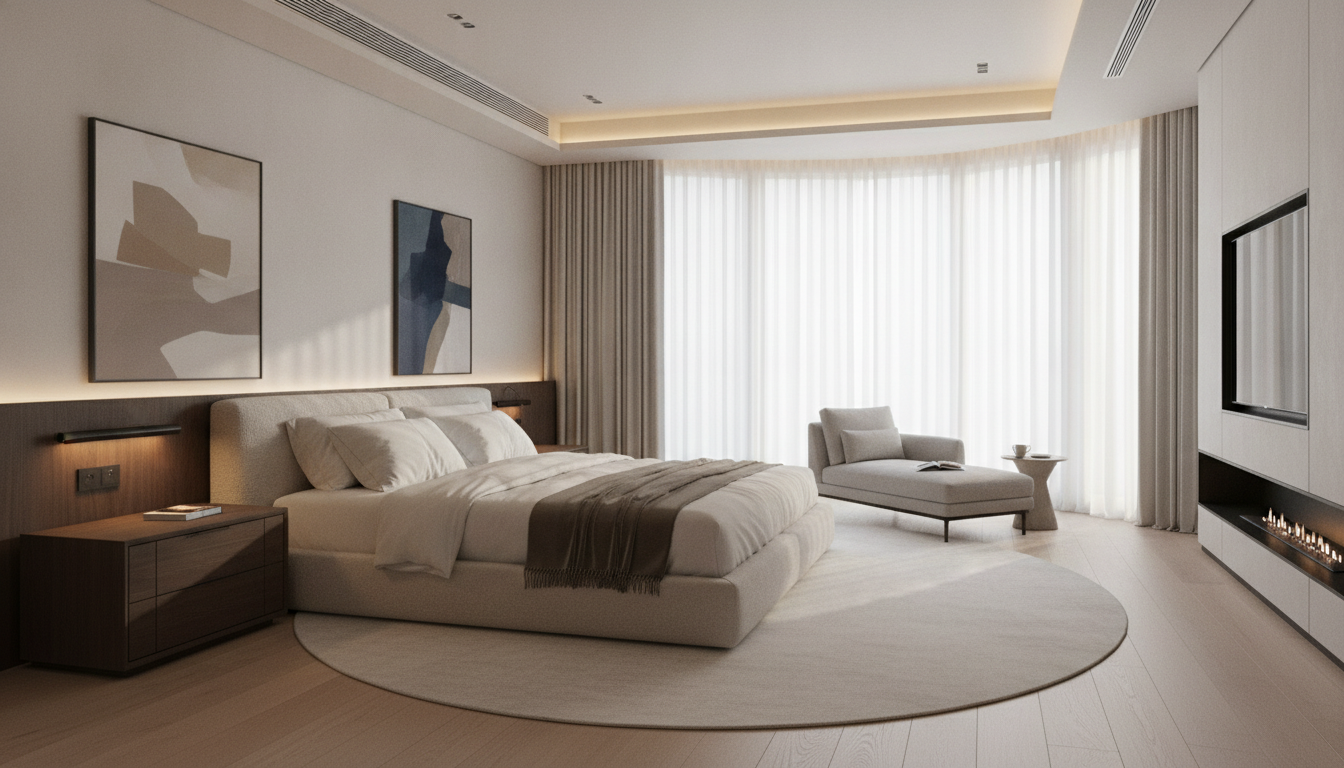 An elegant master bedroom in a luxury penthouse with invisible air flow systems, clean lines, serene atmosphere, soft morning light filtering through sheer curtains, high-end interior design